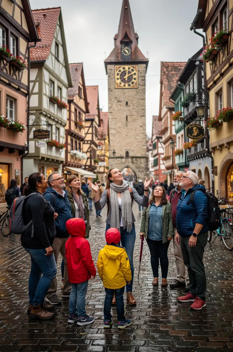 Erfahrener Reiseleiter erläutert einer kleinen Gruppe die Bedeutung eines historischen Bauwerks während einer Themenreise.